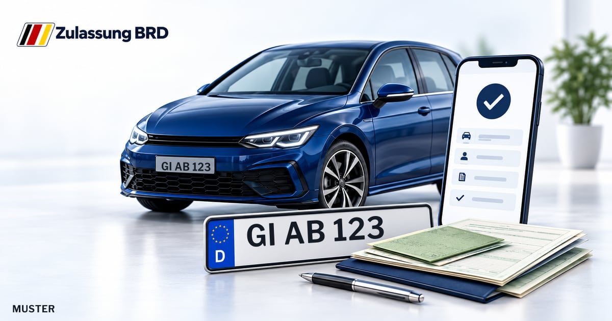 Online Fahrzeugzulassung in Biebertal: Musterkennzeichen GI AB 123, Auto und Fahrzeugpapiere und Smartphone. Illustration mit Logo von Zulassung BRD.